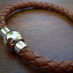 Braided Leather Bracelet With Stainless Steel..