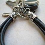 Womens Black Leather Bracelet - Valet Keychain -..