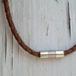 Mens Leather Necklace, Saddle Braid, Stainless..