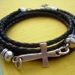 Black Braided Leather Bracelet, Cross Bracelet,..