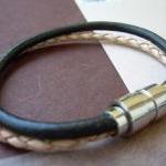 Black And Natural Braided Mens Leather Bracelet..