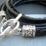 Womens Black Leather Bracelet , Triple Wrap,..