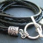 Womens Black Leather Bracelet , Triple Wrap,..