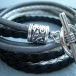 Womens Leather Bracelet , Black- Silver..