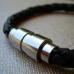 Black Braided Mens Leather Bracelet With Stainless..