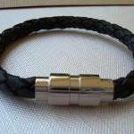 Black Braided Mens Leather Bracelet With Stainless..