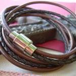 Chocolate And Brown Braid Mens Triple Wrap Leather..
