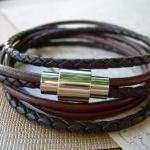 Chocolate And Brown Braid Mens Triple Wrap Leather..