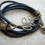 Womens Black Leather Bracelet, Antique..