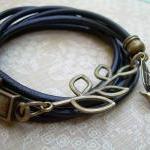 Womens Black Leather Bracelet, Antique..