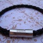 Natural Black Braided Mens Leather Bracelet With..