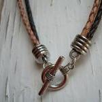 Mens Leather Necklace - Double Strand Silver..
