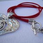 Leather Necklace, Heart Pendant, Red