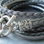Womens Leather Bracelet , Metallic Gray-silver,..