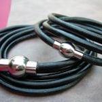 His And Hers Leather Bracelet Set With Stainless..