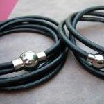 His And Hers Leather Bracelet Set With Stainless..