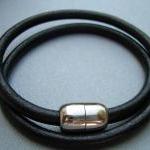 Mens Leather Bracelet - Double Wrap - Black - With..