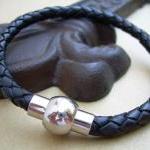 Black Braided Leather Bracelet With Stainless..