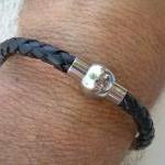 Black Braided Leather Bracelet With Stainless..