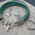Leather Bracelet With Three Lobster Clasp Heart..