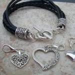Black Leather Bracelet With Three Lobster Clasp..