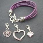 Leather Bracelet With Three Lobster Clasp Heart..