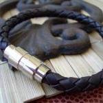 Brown Braided Mens Leather Bracelet With Stainless..