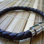 Brown Braided Mens Leather Bracelet With Stainless..