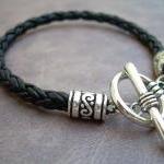 Natural Black Braided Leather Bracelet With Toggle..