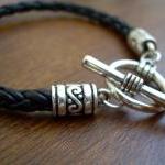 Natural Black Braided Leather Bracelet With Toggle..