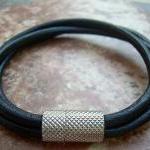 Mens Black Leather Bracelet, Triple Strand,..