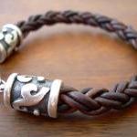 Mens Leather Bracelet With Rhodium Plate Caps And..