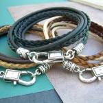 Leather Bracelet, Triple Wrap, Double Strand, Mens..