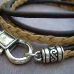 Leather Bracelet, Triple Wrap, Double Strand, Mens..