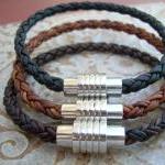 Mens Braided Leather Bracelet With Stainless Steel..