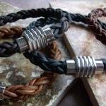 Mens Thick Braided Leather Bracelet With A Large..
