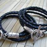 His And Hers Black Braided Leather Bracelets - 2..