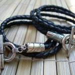 His And Hers Black Braided Leather Bracelets - 2..