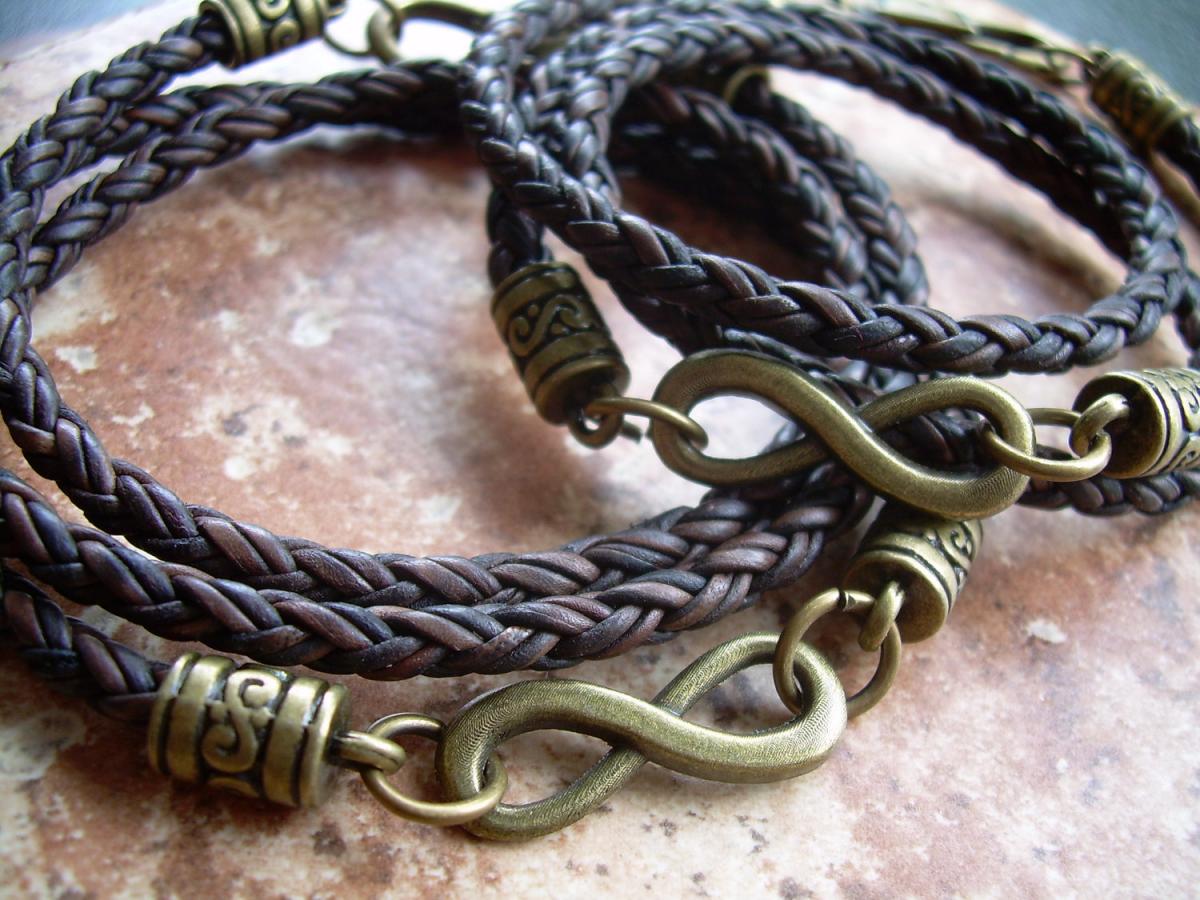 His And Hers Set Of Infinity Bracelets, Leather Bracelet, Mens, Womens, Triple Wrap, Antique Bronze, Natural Antique Brown Braided