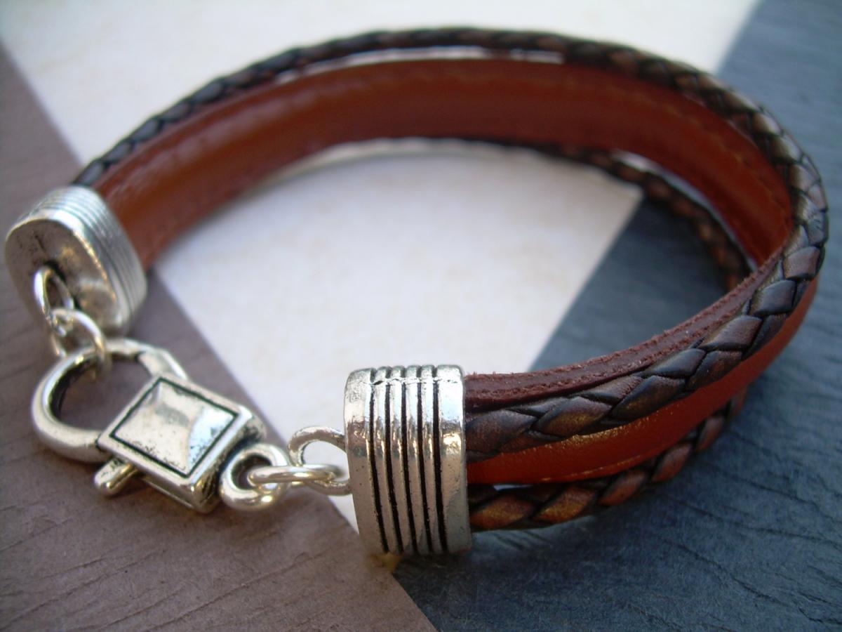Mens Leather Bracelet , Antique Brown And Saddle Brown Leather, Lobster Clasp Closure