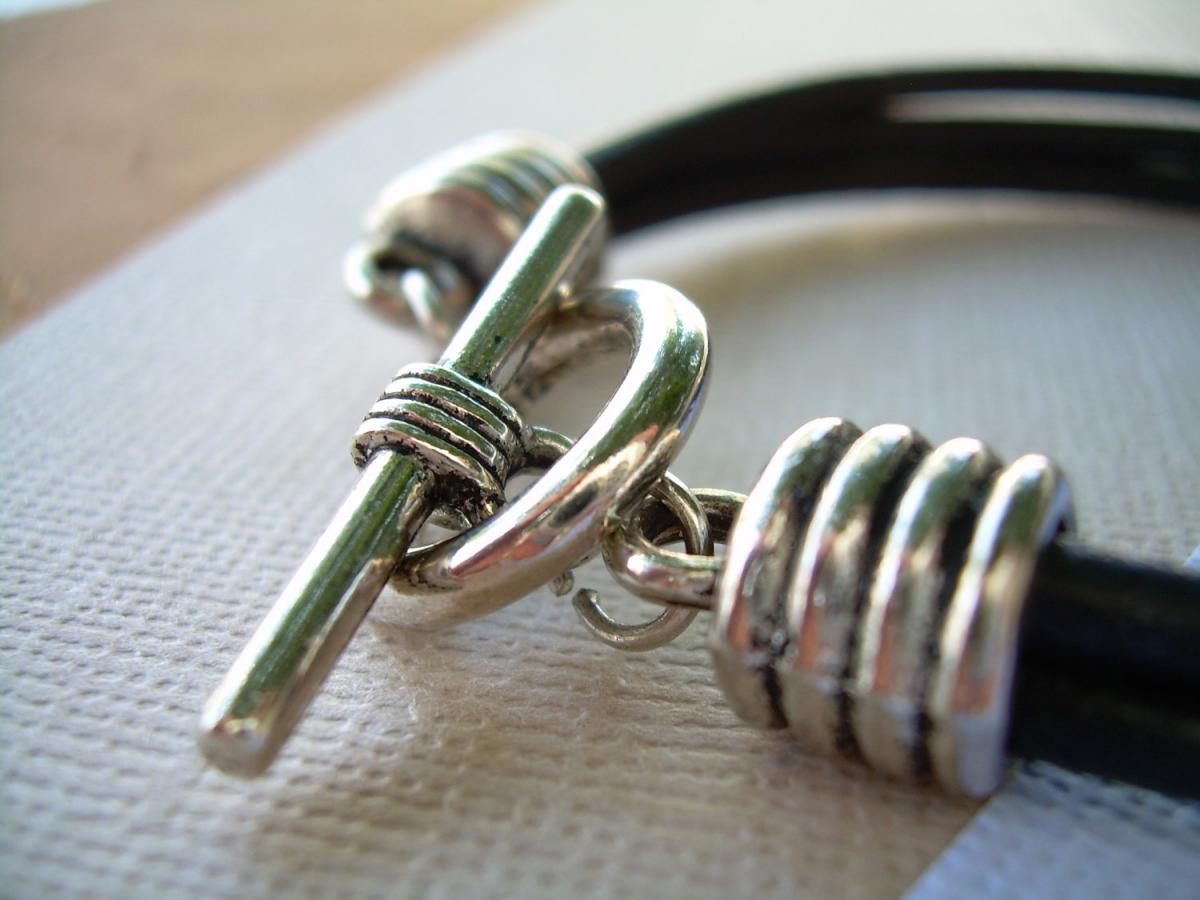 Men's Leather Bracelet Toggle Closure Triple Strand Black Urban