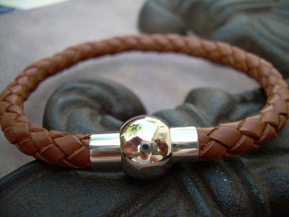 Braided Leather Bracelet With Stainless Steel Magnetic Clasp - Saddle Color