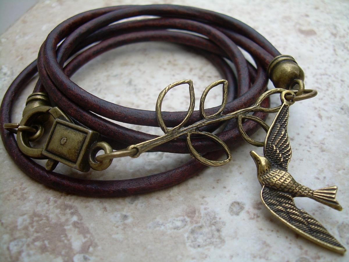 Womens Antique Brown Leather Bracelet, Antique Bronze,triple Wrap With Branch And Swallow, Steampunk, Mothers Day Gift