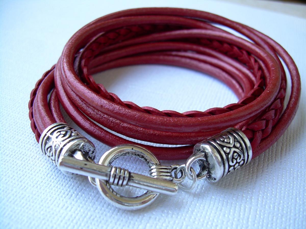 Womens Leather Bracelet, Five Strand, Double Wrap, Metallic Red, Mothers Day Gift, Womens Gift