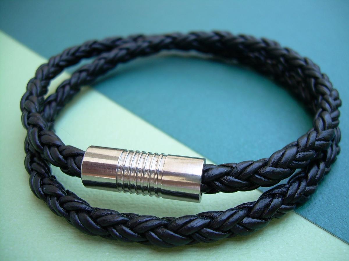 Mens Leather Bracelet, Double Wrap, Natural Black Braided, With Stainless Steel Magnetic Clasp, Fathers Day Gift