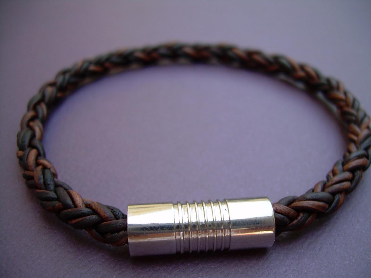 Natural Antique Brown Braided Mens Leather Bracelet With Stainless Steel Magnetic Clasp