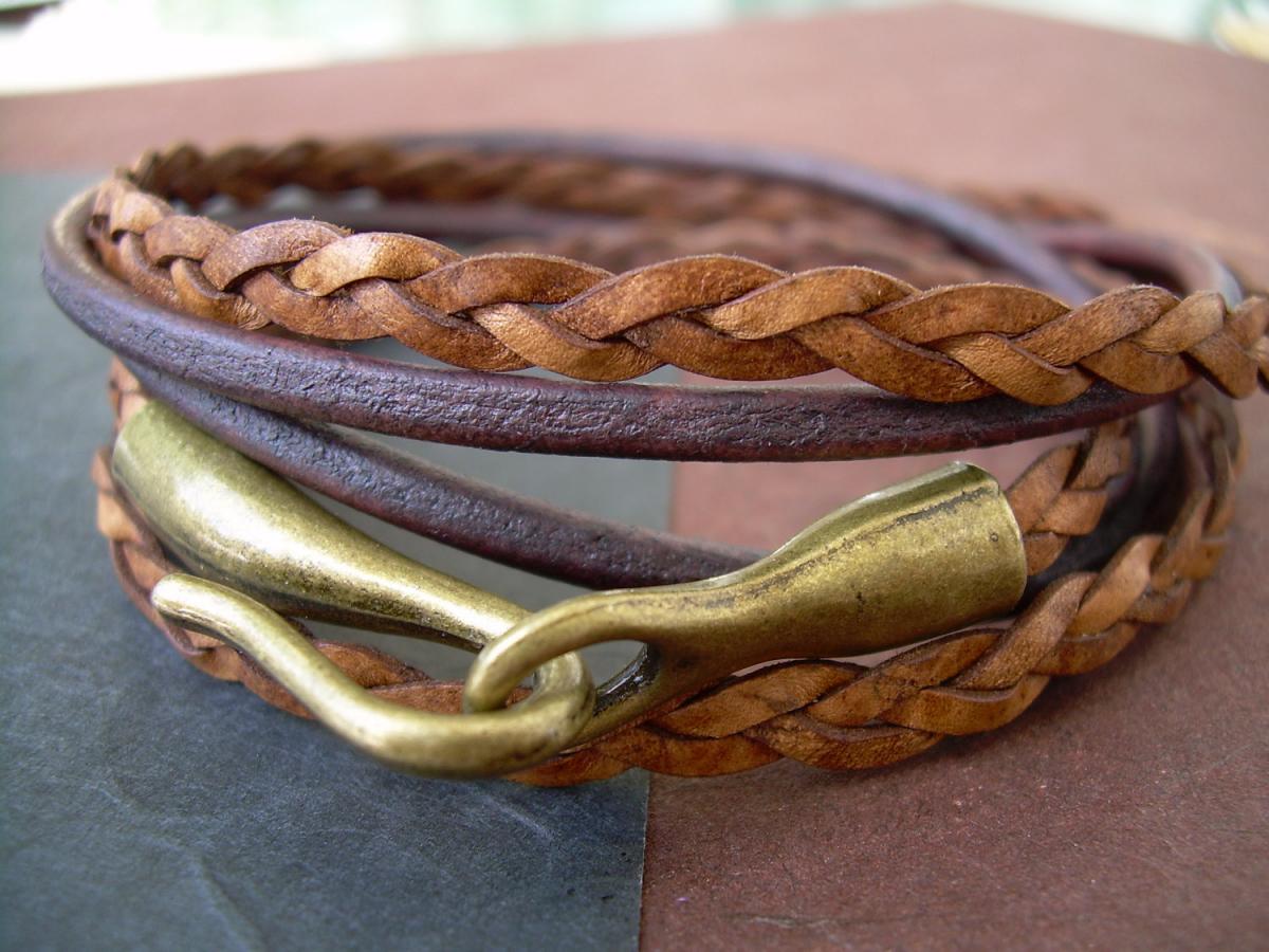 Leather Bracelet , Unisex, Mens, Womens, Triple Wrap, Natural And Antique Brown, Antique Bronze, Hook Clasp