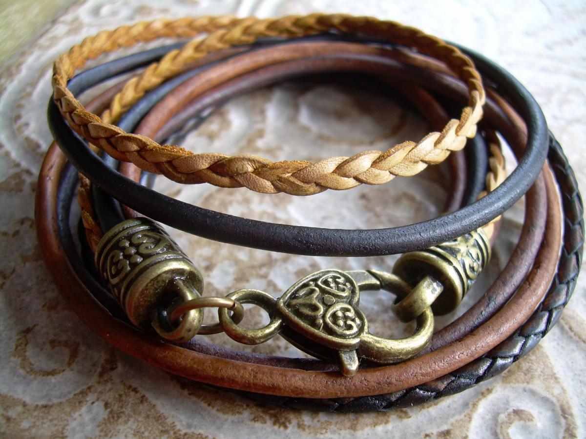 Womens Leather Bracelet, Five Strand, Double Wrap, Natural, Antique Brown, Antique Bronze, Mothers Day Gift