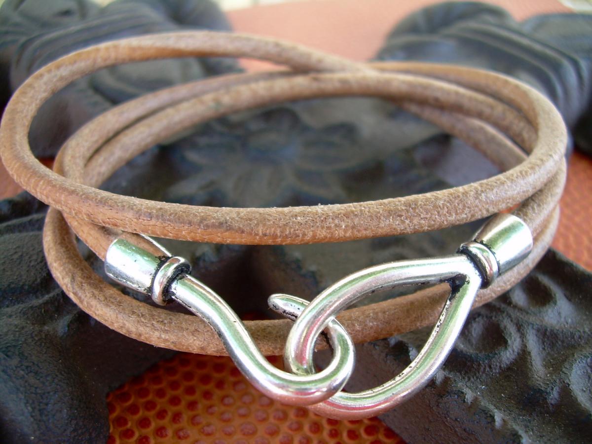 Unisex Mens Womens Leather Bracelet Triple Wrap- Natural Hook Closure Clasp Tsb20 Urban Survival Gear Usa