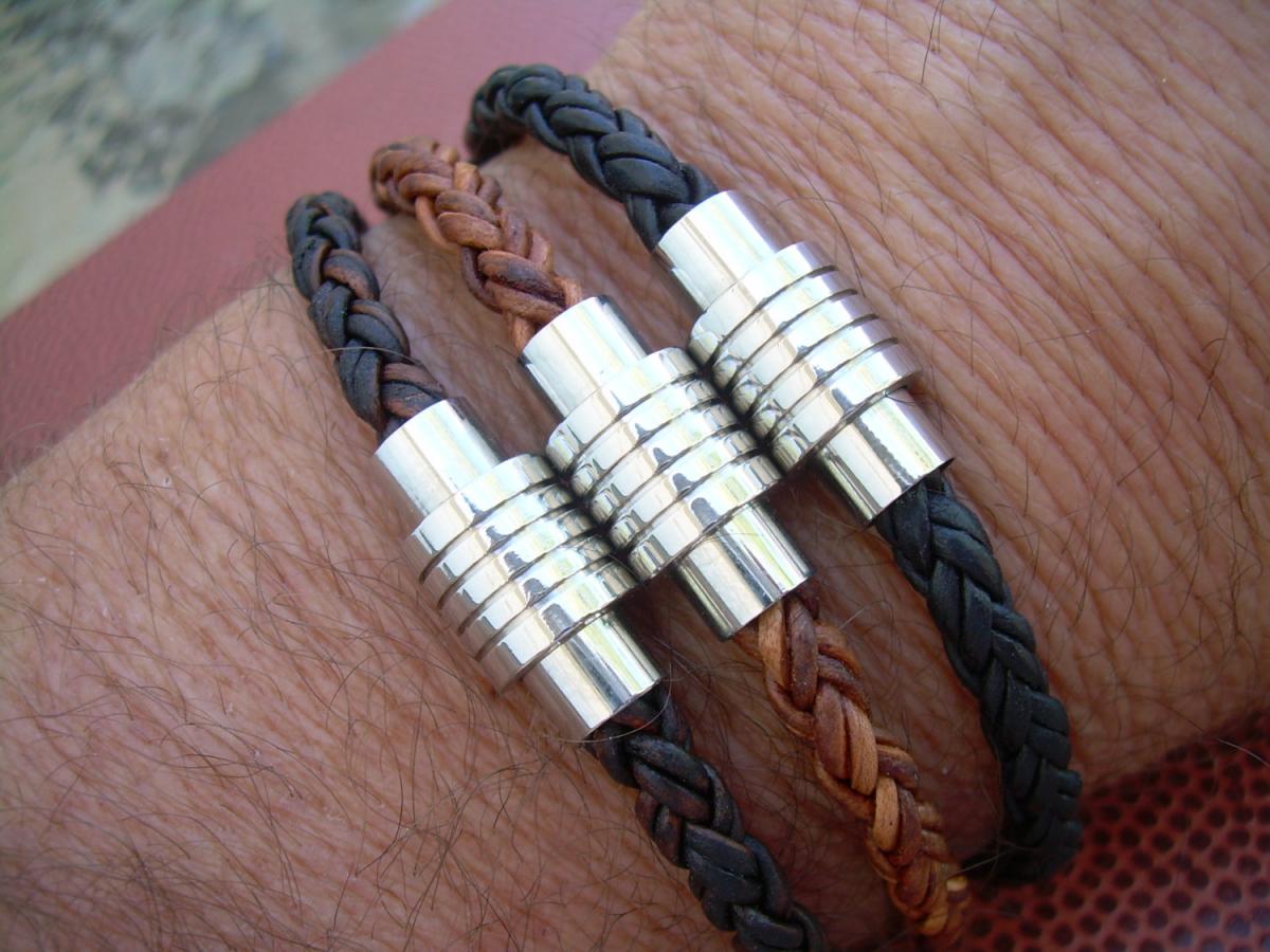 Mens Braided Leather Bracelet With Stainless Steel Magnetic Clasp, Fathers Day Gift
